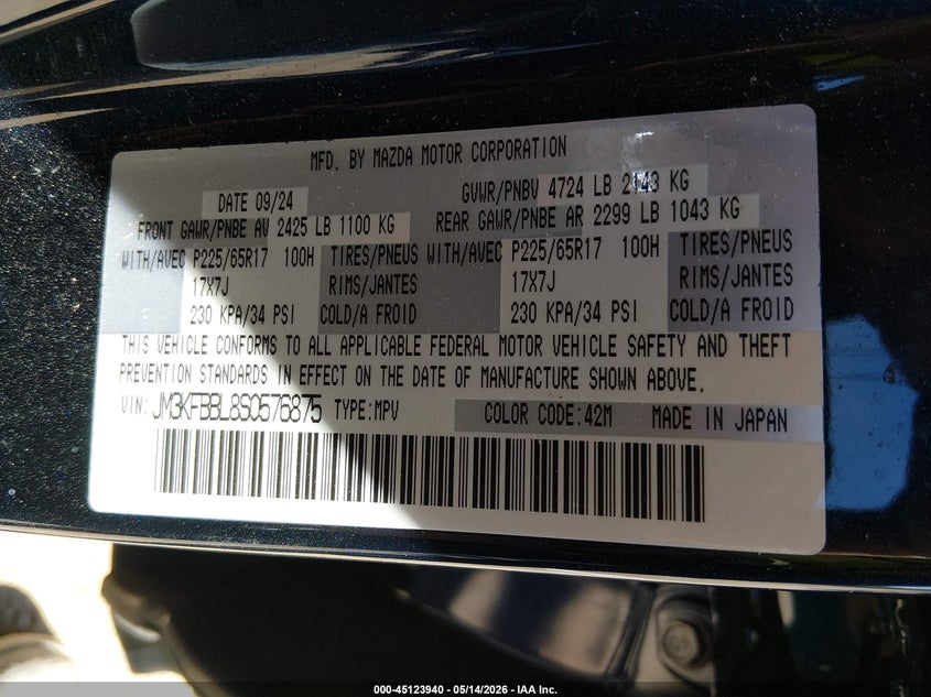 2025 Mazda Cx-5 VIN JM3KFBBL8S0576875 IAAI salvage auction — LEFT SIDE, Salvage (Tennessee), sold $7,750 on 2026-07-08 (photo 9)