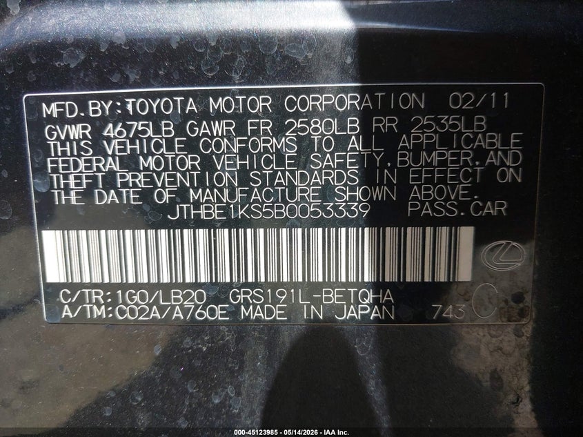 2011 Lexus Gs VIN JTHBE1KS5B0053339 IAAI salvage auction — NORMAL WEAR, Salvage (California), sold $425 on 2026-07-08 (photo 9)