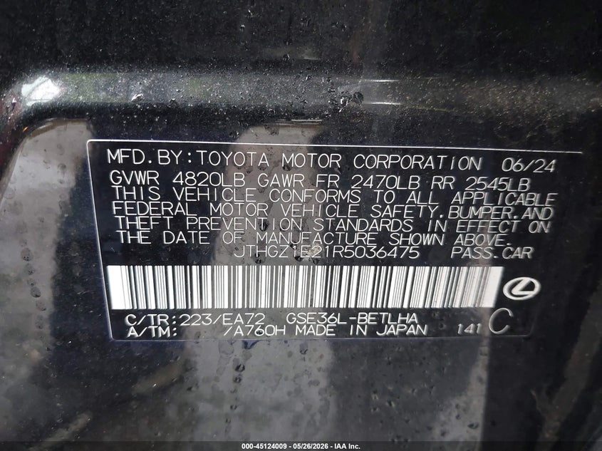 2024 Lexus Is VIN JTHGZ1E21R5036475 IAAI salvage auction — UNDERCARRIAGE, Salvage - Greater Than 75% (Maryland), sold $24,700 on 2026-07-29 (photo 9)