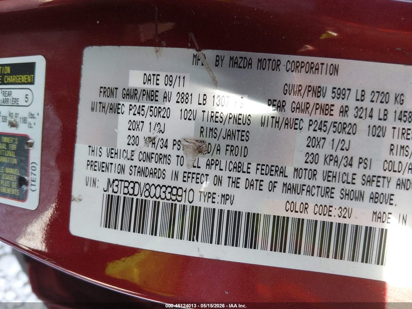 2012 Mazda Cx-9 VIN JM3TB3DV8C0339910 IAAI salvage auction — FRONT & REAR, Salvage (Kentucky), sold $400 on 2026-07-28 (photo 9)
