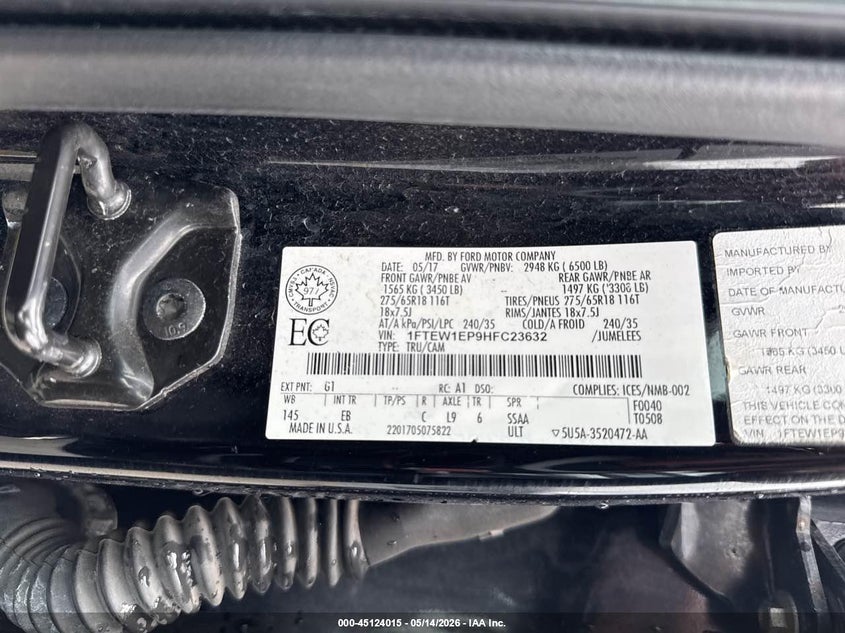 2017 Ford F-150 VIN 1FTEW1EP9HFC23632 IAAI salvage auction — UNKNOWN, Clear (Pennsylvania), sold $5,250 on 2026-07-15 (photo 9)