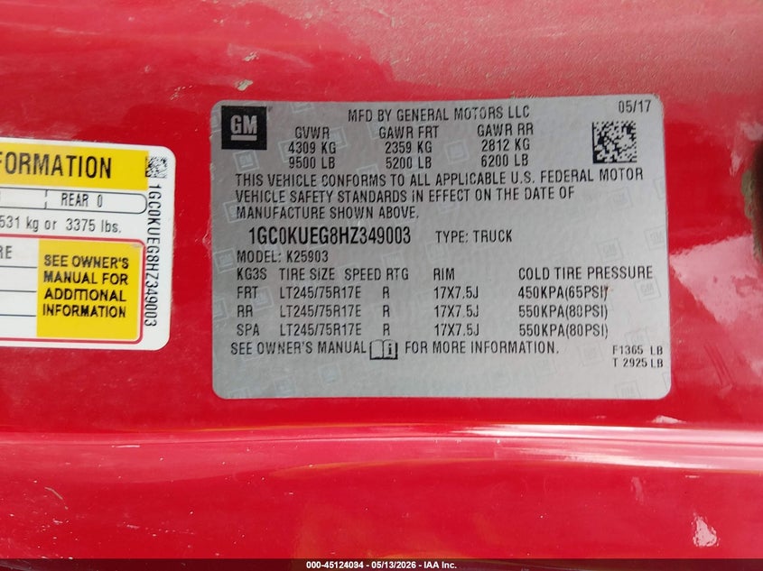 2017 Chevrolet Silverado 2500 VIN 1GC0KUEG8HZ349003 IAAI salvage auction — LEFT SIDE, Sf97 (New York), sold $12,150 on 2026-07-27 (photo 9)