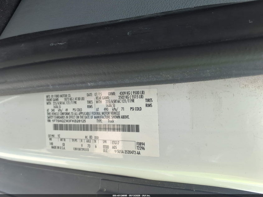 2015 Ford Transit-350 VIN 1FTSW2ZM3FKB28125 IAAI salvage auction — NORMAL WEAR, SF97 (North Carolina), sold $11,600 on 2026-07-16 (photo 9)