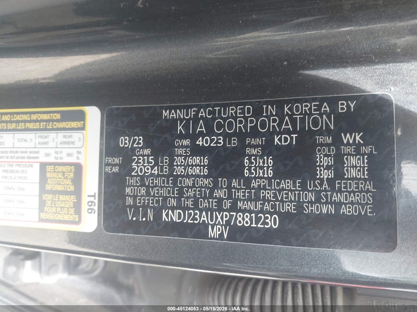 2023 Kia Soul VIN KNDJ23AUXP7881230 IAAI salvage auction — FRONT END, Clear (Oklahoma), sold $25 on 2026-07-22 (photo 9)