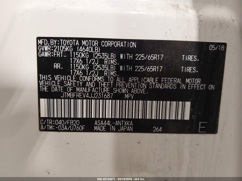 2018 Toyota Rav 4 VIN JTMBFREV4JJ231687 IAAI salvage auction — RIGHT SIDE, Salvage (Vermont), sold $6,500 on 2026-07-16 (photo 4)