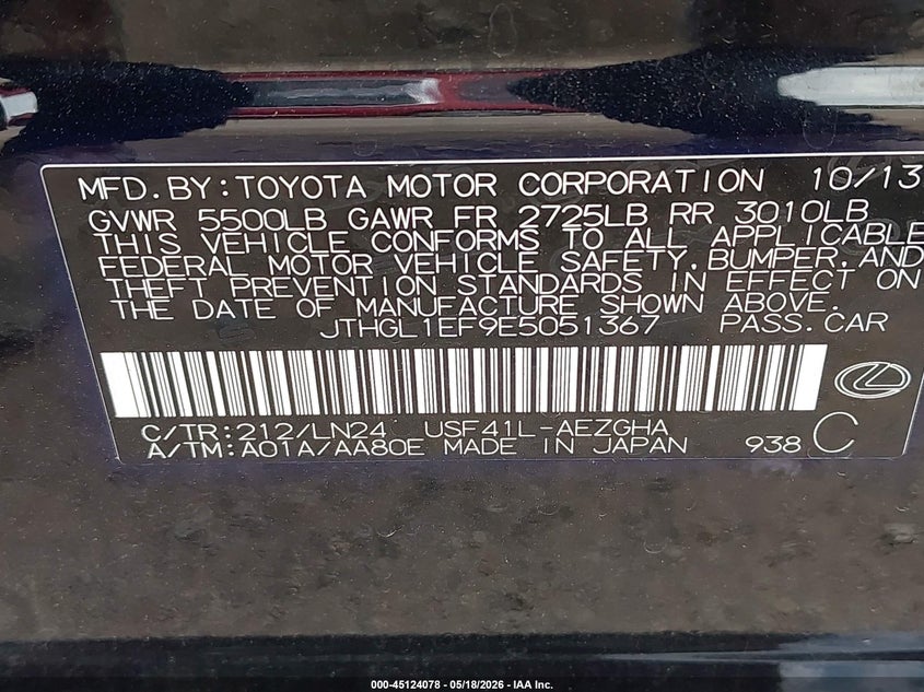 2014 Lexus Ls VIN JTHGL1EF9E5051367 IAAI salvage auction — HAIL, Original (Texas), sold $9,700 on 2026-07-29 (photo 9)