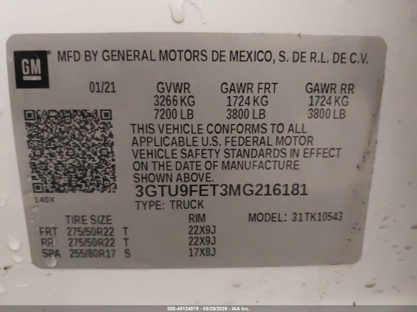 2021 Gmc SIERRA VIN 3GTU9FET3MG216181 IAAI salvage auction — ROLLOVER, Wait Title, sold $11,500 on 2026-09-15 (photo 9)