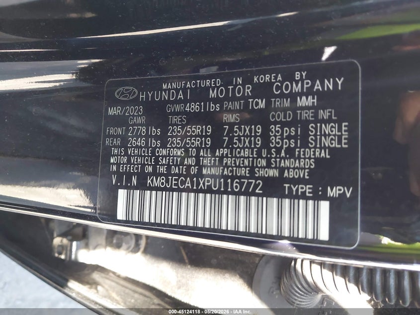 2023 Hyundai Tucson VIN KM8JECA1XPU116772 IAAI salvage auction — SIDE, Salvage Certificate (California), sold $5,200 on 2026-07-12 (photo 9)