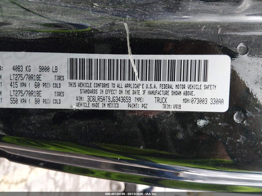2018 Ram 2500 VIN 3C6LR5AT9JG343659 IAAI salvage auction — REAR END, Sf97 (New York), sold $7,850 on 2026-07-31 (photo 9)