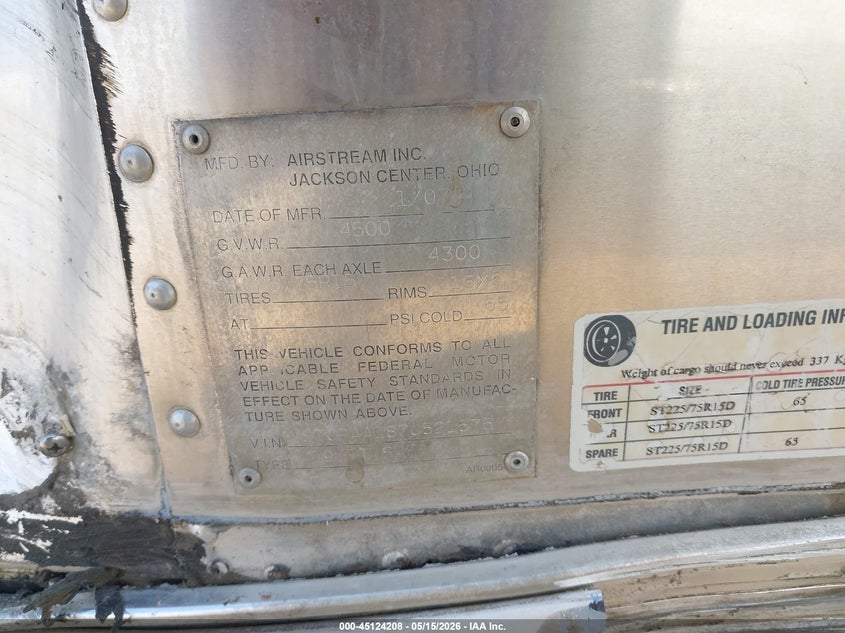 2007 Airstream Safari VIN 1STCPAA187J521575 IAAI salvage auction — Unknown, Clear (Tennessee), sold $900 on 2026-09-01 (photo 9)