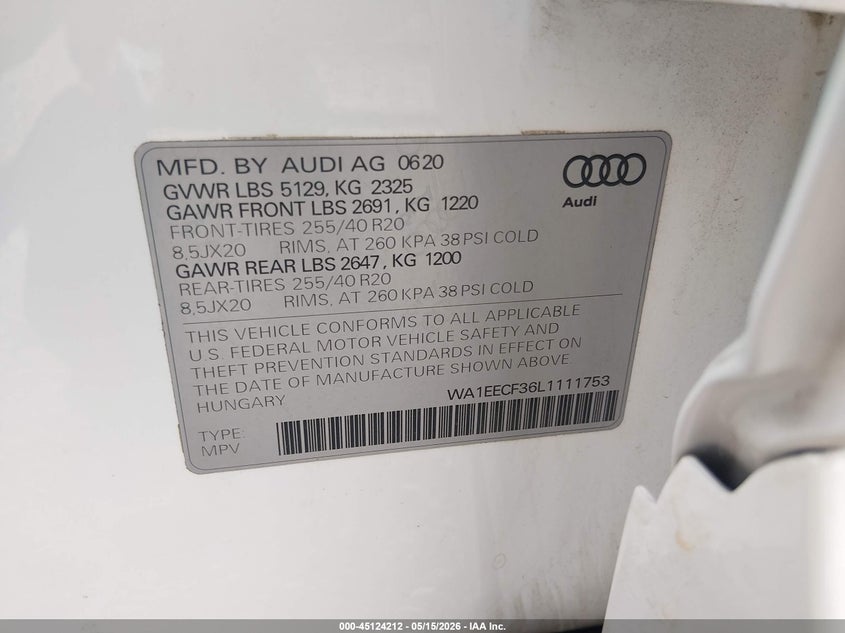 2020 Audi Q3 VIN WA1EECF36L1111753 IAAI salvage auction — FRONT END, Salvage (Arkansas), sold $7,300 on 2026-07-23 (photo 9)