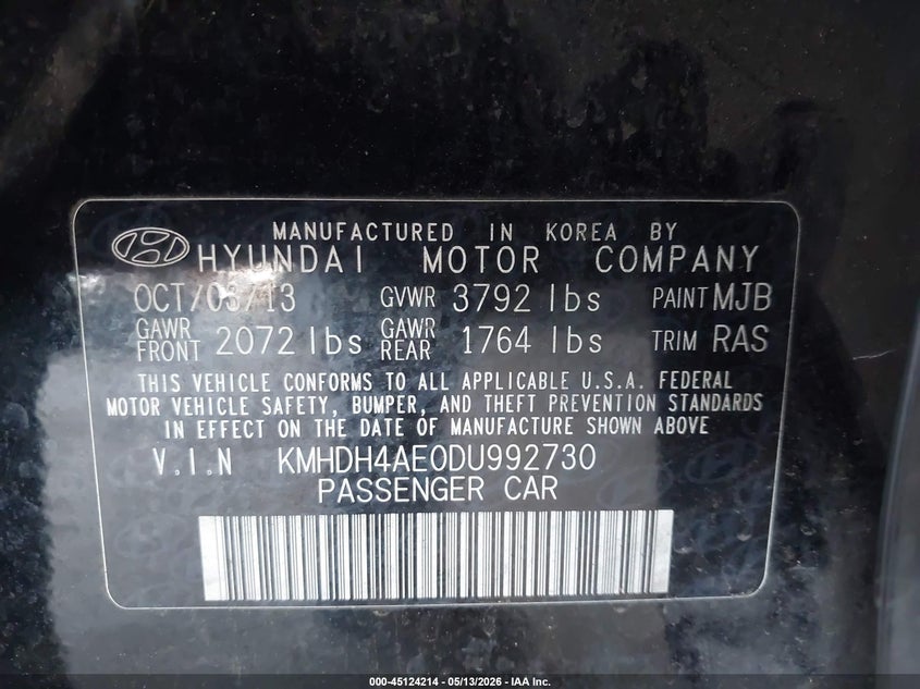 2013 Hyundai Elantra VIN KMHDH4AE0DU992730 IAAI salvage auction — SIDE, Salvage (Texas), sold $975 on 2026-07-14 (photo 9)