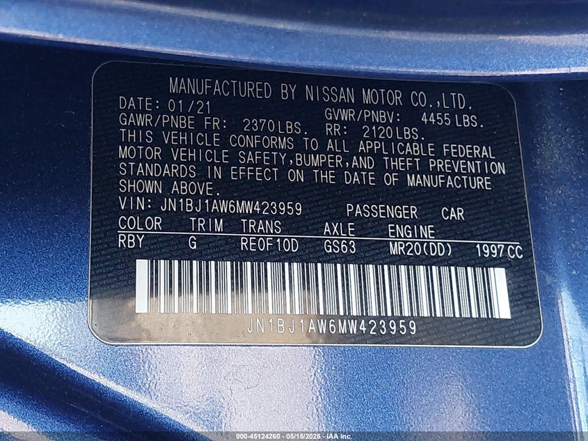 2021 Nissan Rogue VIN JN1BJ1AW6MW423959 IAAI salvage auction — REAR END, Salvage Title, sold $2,500 on 2026-07-15 (photo 9)