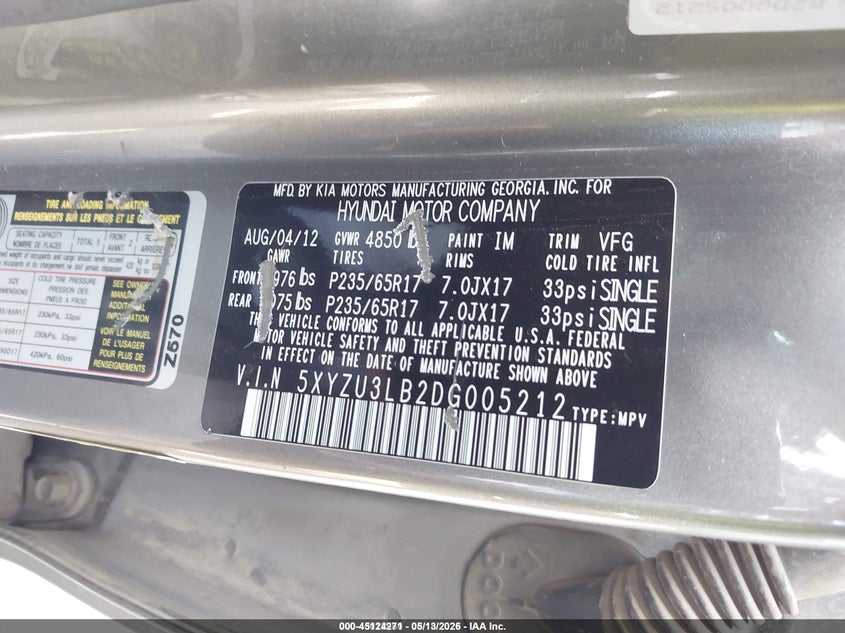 2013 Hyundai Santa fe VIN 5XYZU3LB2DG005212 IAAI salvage auction — ALL OVER, Salvage (Idaho), sold $625 on 2026-07-09 (photo 9)