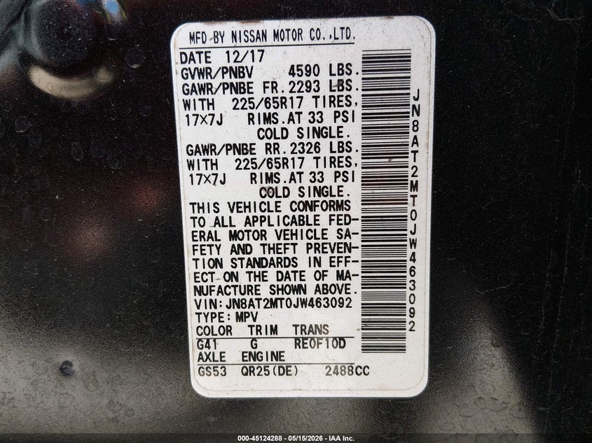 2018 Nissan Rogue VIN JN8AT2MT0JW463092 IAAI salvage auction — REAR END, Salvage (Alabama), sold $1,400 on 2026-07-14 (photo 9)