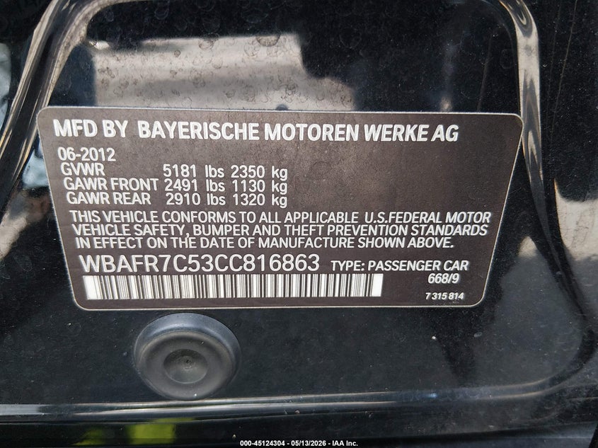 2012 BMW VIN WBAFR7C53CC816863 IAAI salvage auction — FRONT END, Clear (Georgia), sold $1,650 on 2026-07-15 (photo 9)