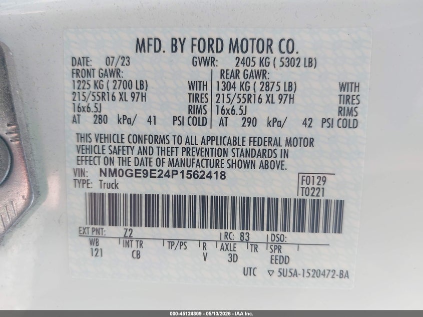 2023 Ford Transit connect VIN NM0GE9E24P1562418 IAAI salvage auction — NORMAL WEAR, Sf97 (Washington), sold $17,100 on 2026-07-21 (photo 9)