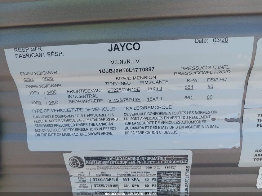 2020 Jayco Other VIN 1UJBJ0BT0L17T0387 IAAI salvage auction — HAIL, Regular Certificate (Iowa), sold $9,800 on 2026-07-14 (photo 9)