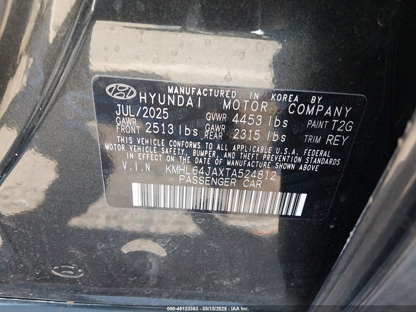 2026 Hyundai Sonata VIN KMHL64JAXTA524812 IAAI salvage auction — FRONT END, Salvage (North Carolina), sold $4,025 on 2026-07-08 (photo 9)