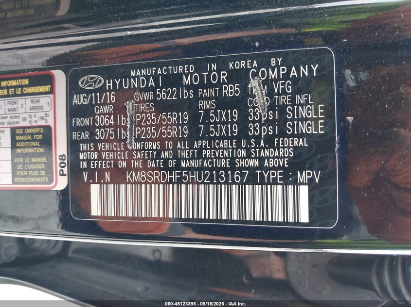 2017 Hyundai Santa fe VIN KM8SRDHF5HU213167 IAAI salvage auction — HAIL, Clear (Missouri), sold $3,050 on 2026-07-20 (photo 9)