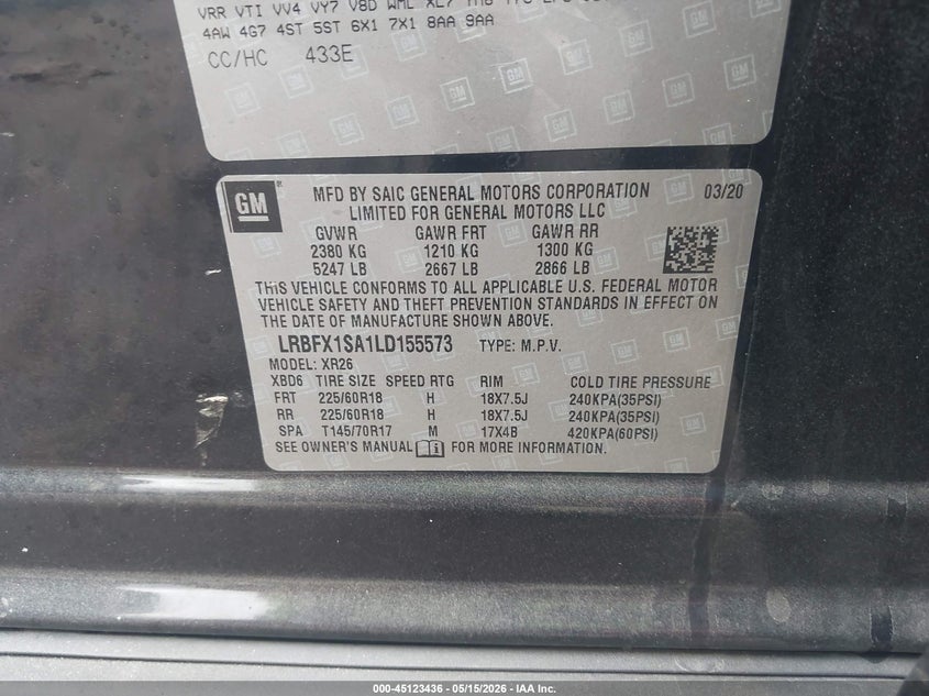 2020 Buick Envision VIN LRBFX1SA1LD155573 IAAI salvage auction — FRONT END, Salvage (Massachusetts), sold $3,300 on 2026-07-14 (photo 9)