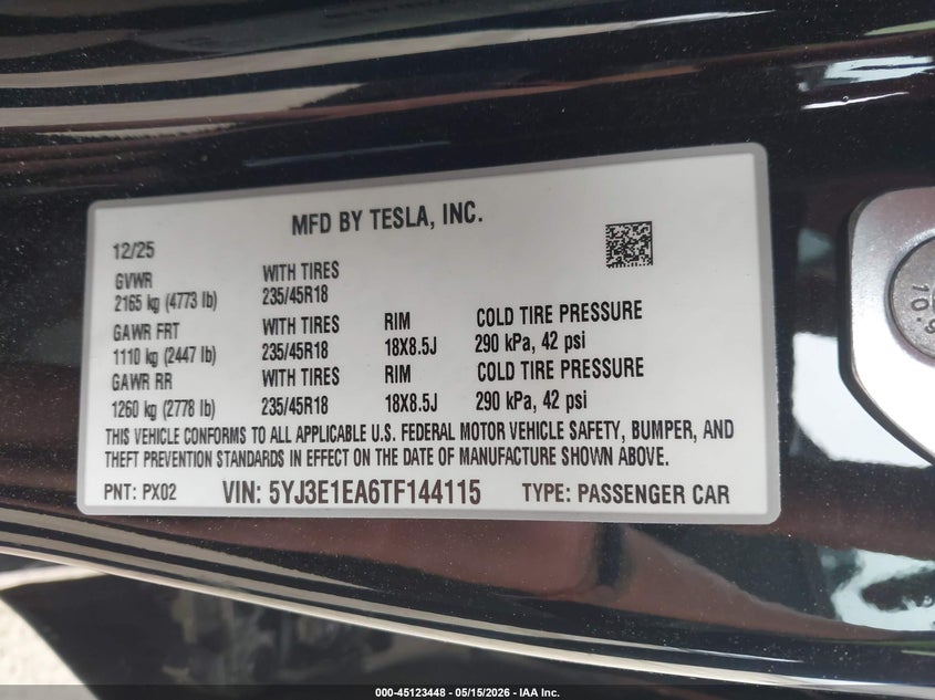 2026 Tesla Model 3 VIN 5YJ3E1EA6TF144115 IAAI salvage auction — REAR END, Salvage (California), sold $13,300 on 2026-07-29 (photo 9)