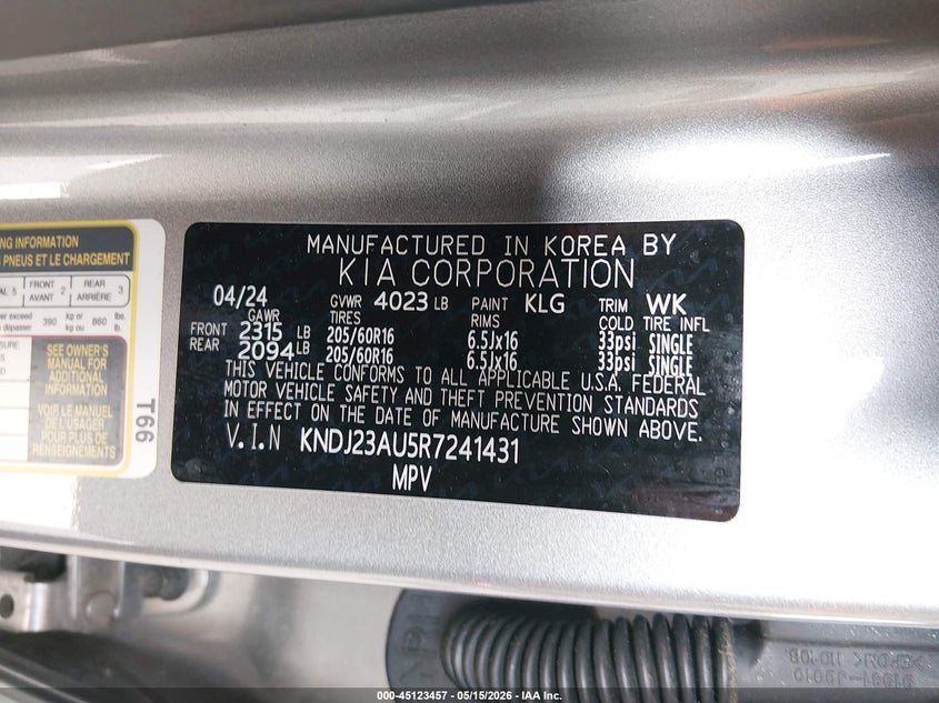 2024 Kia Soul VIN KNDJ23AU5R7241431 IAAI salvage auction — FRONT END, Bill Of Sale (Washington), sold $3,200 on 2026-07-15 (photo 9)