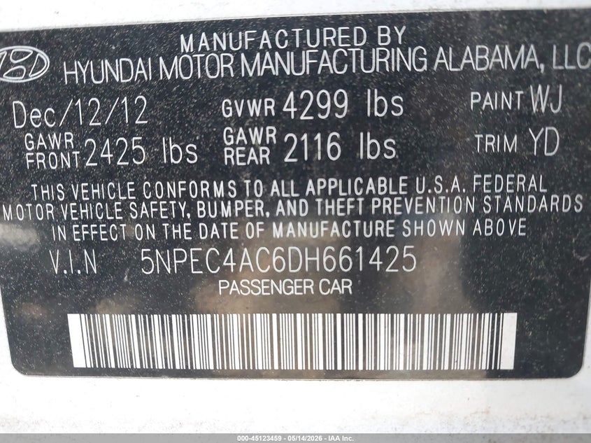 2013 Hyundai Sonata VIN 5NPEC4AC6DH661425 IAAI salvage auction — NORMAL WEAR, Clear (North Carolina), sold $450 on 2026-07-15 (photo 9)