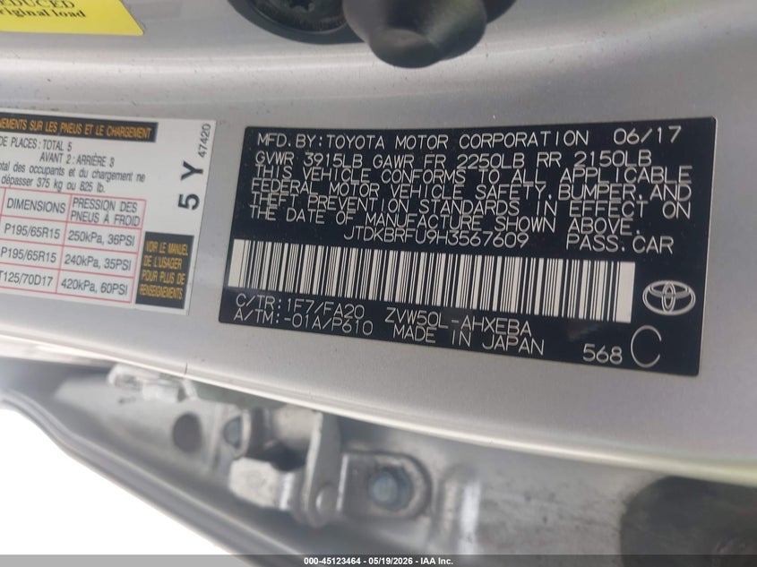 2017 Toyota Prius VIN JTDKBRFU9H3567609 IAAI salvage auction — FRONT END, Salvage (Texas), sold $1,400 on 2026-07-10 (photo 9)