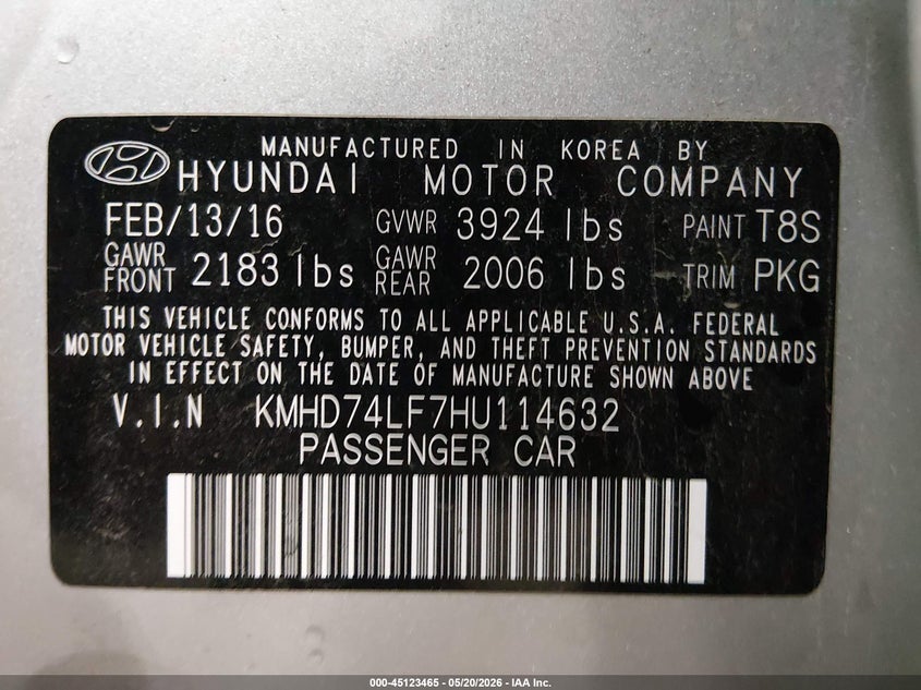 2017 Hyundai Elantra VIN KMHD74LF7HU114632 IAAI salvage auction — THEFT, Salvage (Illinois), sold $2,050 on 2026-07-21 (photo 9)