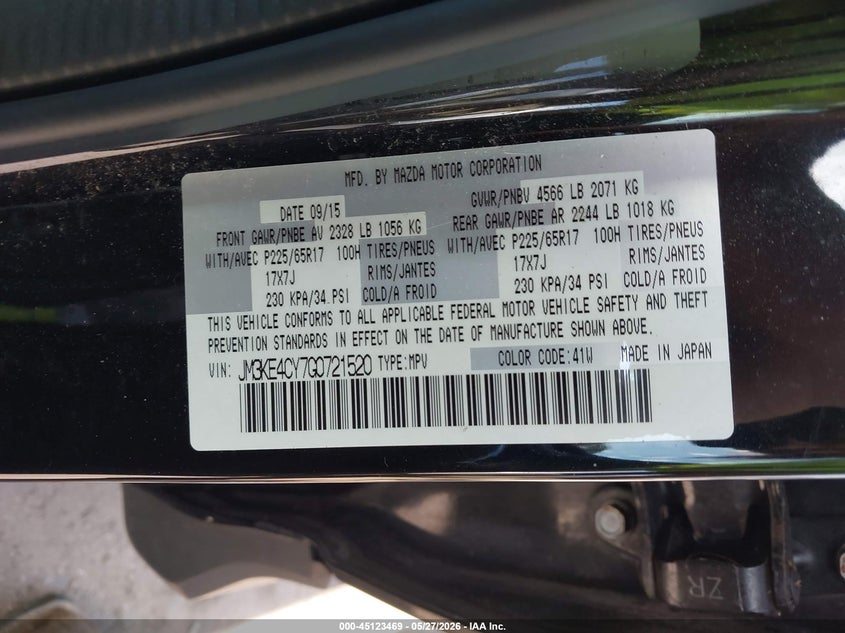 2016 Mazda Cx-5 VIN JM3KE4CY7G0721520 IAAI salvage auction — HAIL, Salvage (Ohio), sold $3,600 on 2026-07-07 (photo 9)