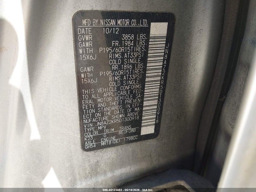 2013 Nissan Cube VIN JN8AZ2KR5DT300918 IAAI salvage auction — FRONT END, Clear (Virginia), sold $450 on 2026-07-08 (photo 9)