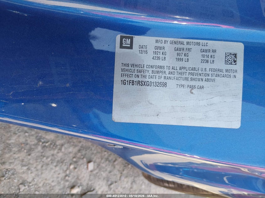 2016 Chevrolet Camaro VIN 1G1FB1RSXG0132698 IAAI salvage auction — LEFT SIDE, Clear (Tennessee), sold $7,200 on 2026-07-09 (photo 9)