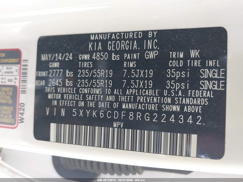 2024 Kia Sportage VIN 5XYK6CDF8RG224342 IAAI salvage auction — LEFT SIDE, Salvage (Indiana), sold $7,800 on 2026-07-08 (photo 9)