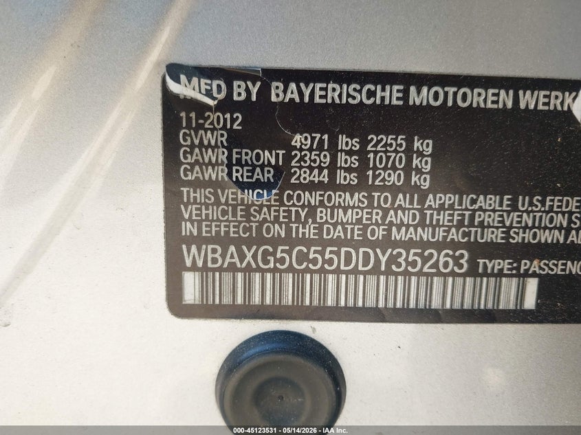 2013 BMW 5er VIN WBAXG5C55DDY35263 IAAI salvage auction — FRONT END, Salvage (Texas), sold $1,200 on 2026-07-16 (photo 9)