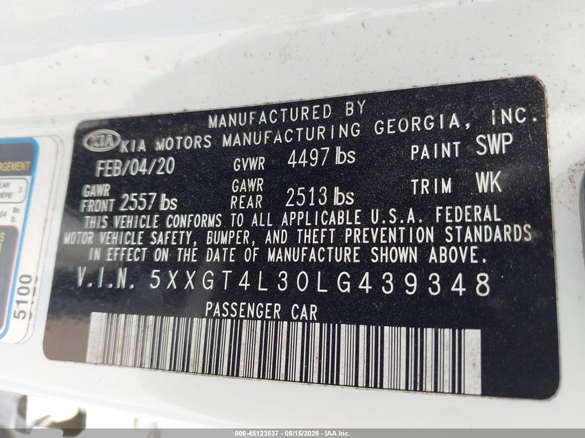 2020 Kia Optima VIN 5XXGT4L30LG439348 IAAI salvage auction — REAR END, Original (Texas), sold $2,850 on 2026-07-22 (photo 9)