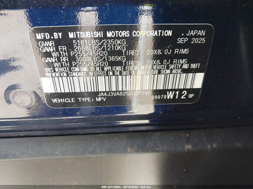 2025 Mitsubishi Outlander VIN JA4J3VA82SZ057290 IAAI salvage auction — ALL OVER, Certificate Of Destruction (Florida), sold $50 on 2026-07-29 (photo 9)