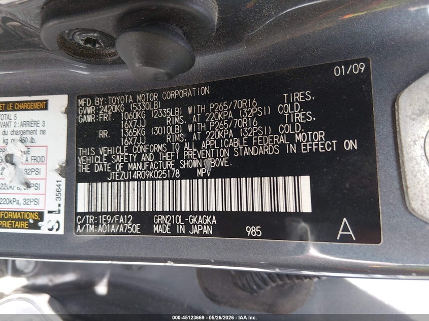 2009 Toyota 4runner VIN JTEZU14R09K025178 IAAI salvage auction — FRONT END, Salvage (South Carolina), sold $2,950 on 2026-07-14 (photo 9)