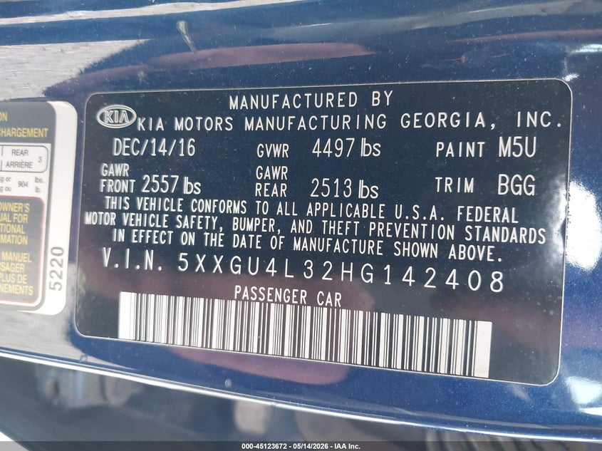 2017 Kia Optima VIN 5XXGU4L32HG142408 IAAI salvage auction — FRONT END, Salvage - Greater Than 75% (Maryland), sold $825 on 2026-07-27 (photo 9)