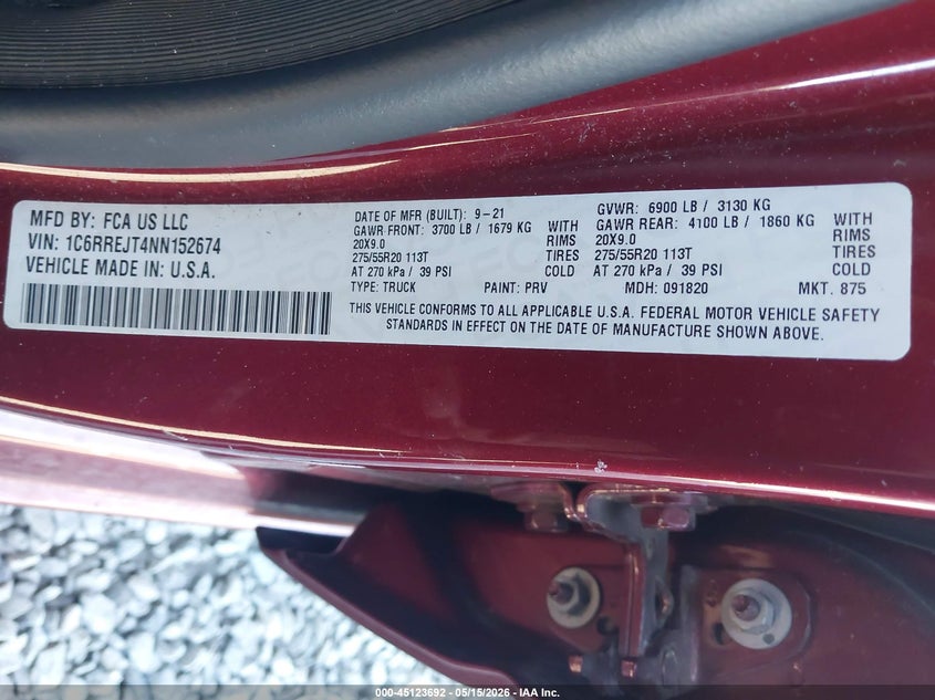 2022 Ram 1500 VIN 1C6RREJT4NN152674 IAAI salvage auction — SIDE, Salvage (Idaho), sold $9,200 on 2026-07-31 (photo 9)