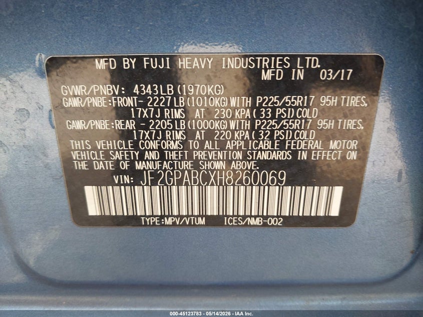 2017 Subaru Xv VIN JF2GPABCXH8260069 IAAI salvage auction — HAIL, Clear (Missouri), sold $850 on 2026-07-13 (photo 9)
