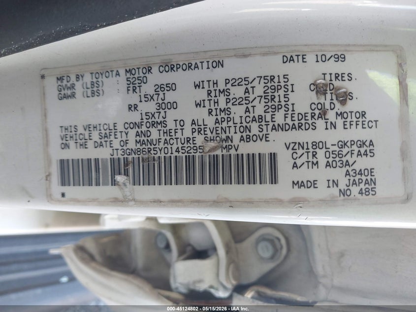 2000 Toyota 4runner VIN JT3GN86R5Y0145295 IAAI salvage auction — ROLLOVER, Salvage Non-Reb (South Carolina), sold $200 on 2026-07-22 (photo 9)