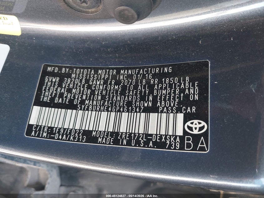 2016 Toyota Corolla VIN 5YFBURHE4GP461347 IAAI salvage auction — REAR END, Original (Texas), sold $2,450 on 2026-07-08 (photo 9)