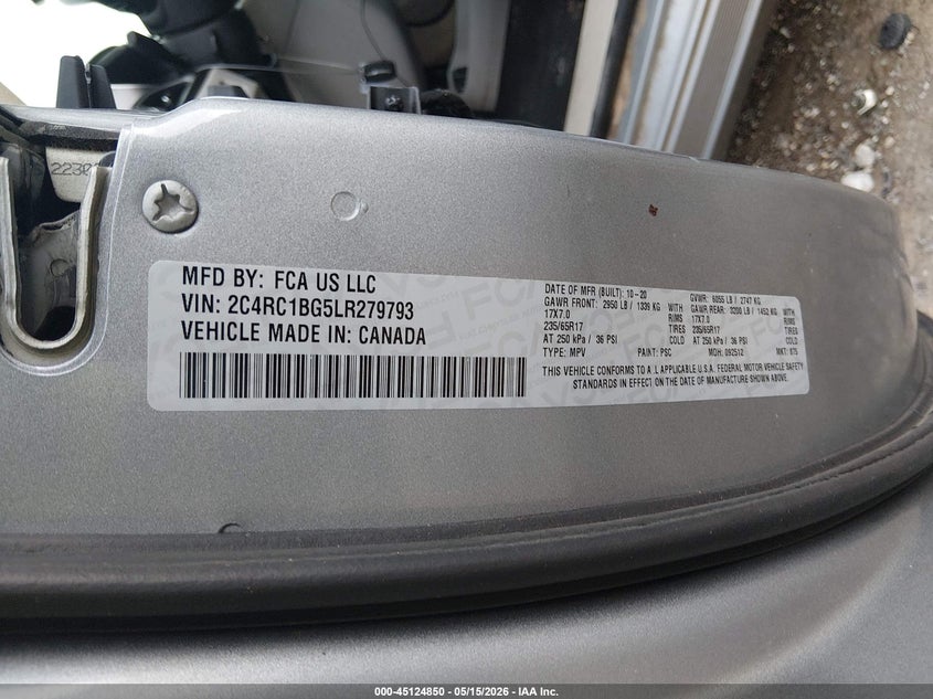 2020 Chrysler Pacifica VIN 2C4RC1BG5LR279793 IAAI salvage auction — FRONT END, Salvage (Arkansas), sold $1,550 on 2026-07-09 (photo 9)