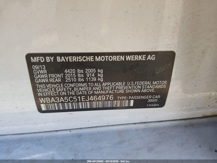 2014 BMW 3er VIN WBA3A5C51EJ464976 IAAI salvage auction — FRONT END, Clear (Tennessee), sold $25 on 2026-07-29 (photo 9)