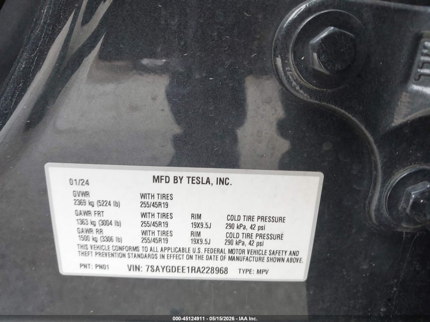 2024 Tesla Model y VIN 7SAYGDEE1RA228968 IAAI salvage auction — LEFT FRONT, Salvage (Illinois), sold $25 on 2026-07-30 (photo 9)