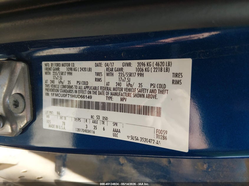 2017 Ford Escape VIN 1FMCU0F71HUD66149 IAAI salvage auction — FRONT END, Salvage (Kansas), sold $1,250 on 2026-07-10 (photo 9)