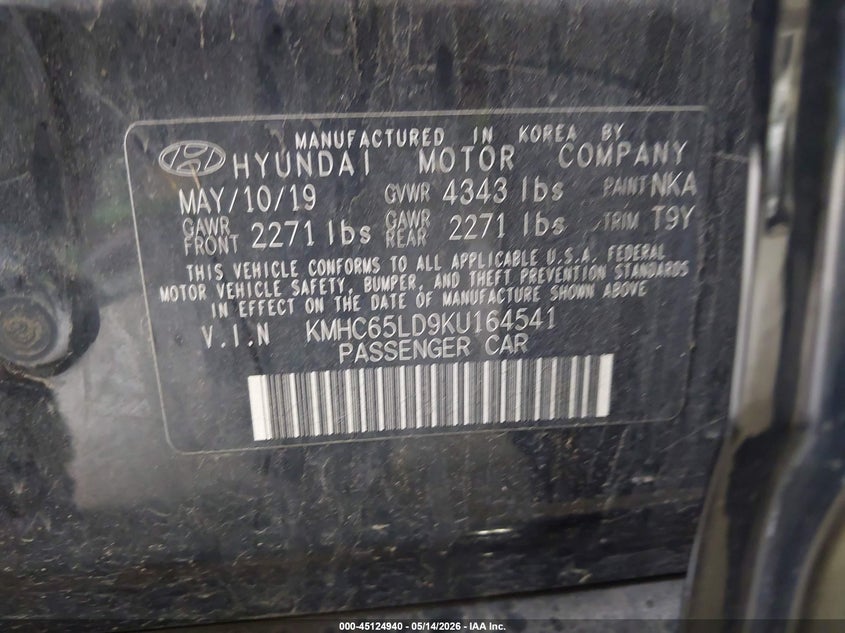 2019 Hyundai Ioniq VIN KMHC65LD9KU164541 IAAI salvage auction — FRONT END, Mv-907A (New York), sold $1,425 on 2026-07-15 (photo 9)