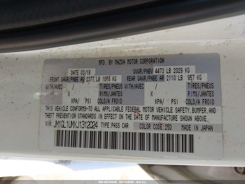 2018 Mazda 6 VIN JM1GL1UMXJ1312024 IAAI salvage auction — RIGHT FRONT, Salvage (Massachusetts), sold $2,050 on 2026-07-21 (photo 9)