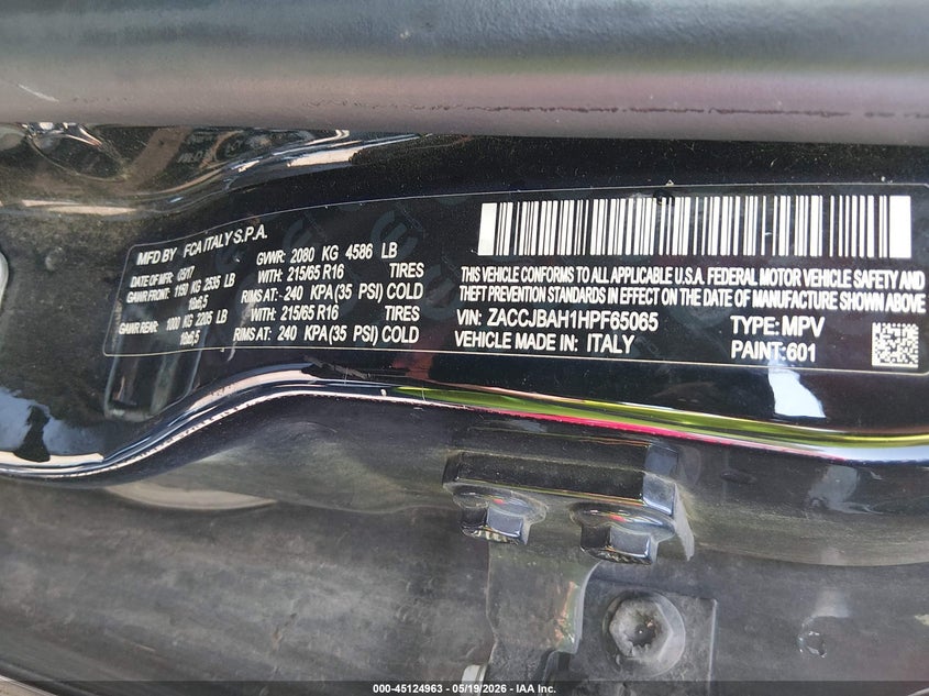 2017 Jeep Renegade VIN ZACCJBAH1HPF65065 IAAI salvage auction — FRONT & REAR, Salvage (West Virginia), sold $1,150 on 2026-07-09 (photo 9)